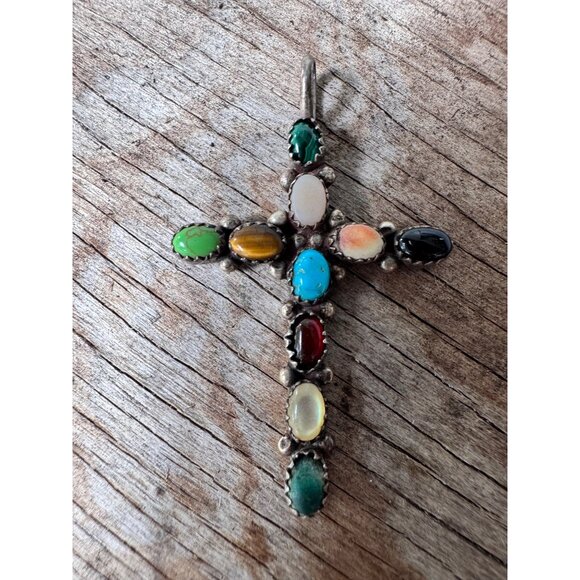 Sterling Silver Cross Pendant With Multi-Gemstone Inlay Design - Picture 3 of 7